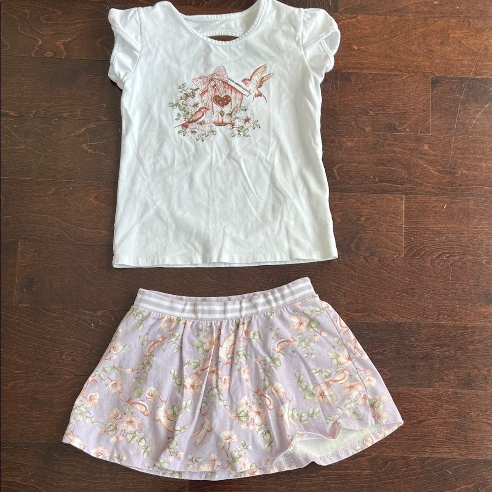 Girls White Tee & Lavender Floral Skirt Set